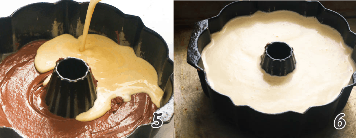 Gently pour the rest of the flan over the cake batter