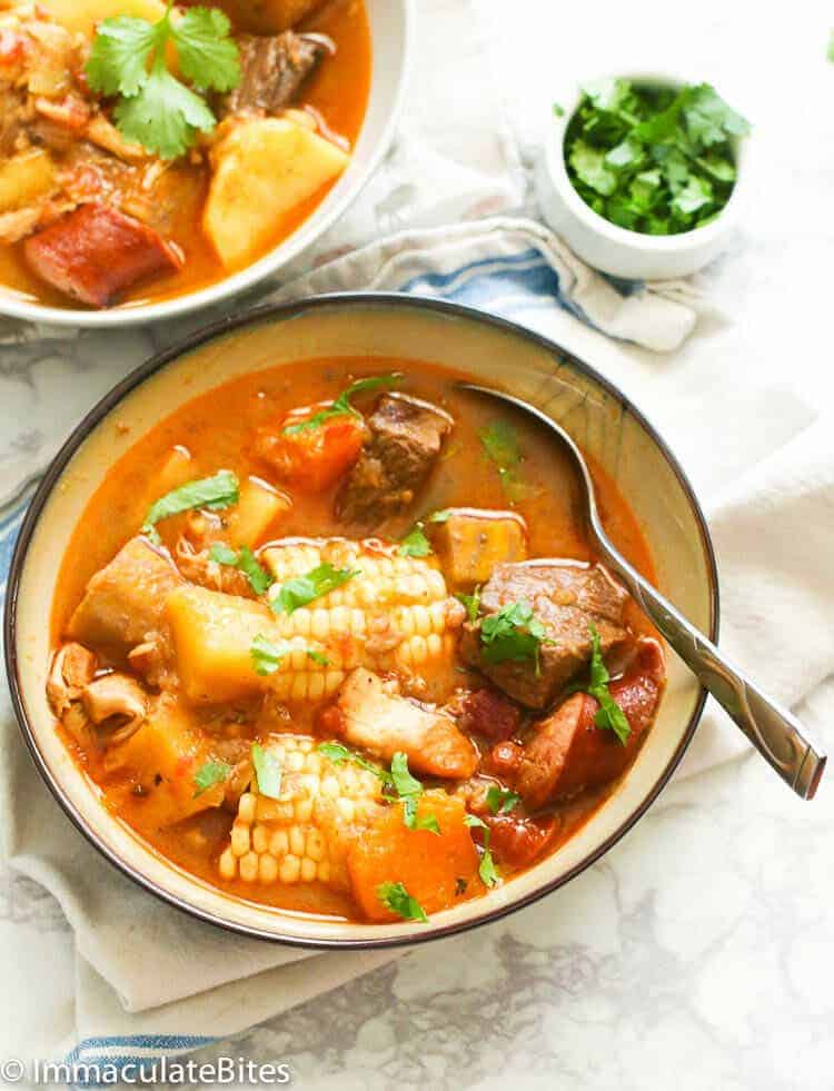 Sancocho with different meat in a bowl