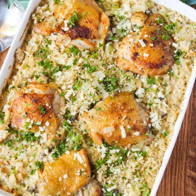 A flavorful chicken and rice casserole fresh from the oven