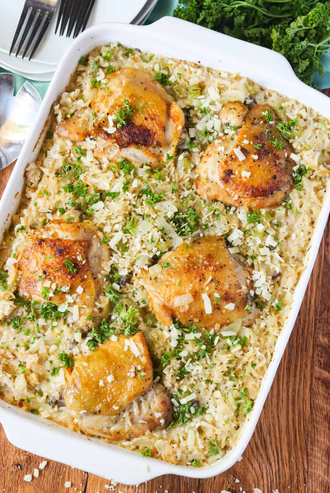 A flavorful chicken and rice casserole fresh from the oven