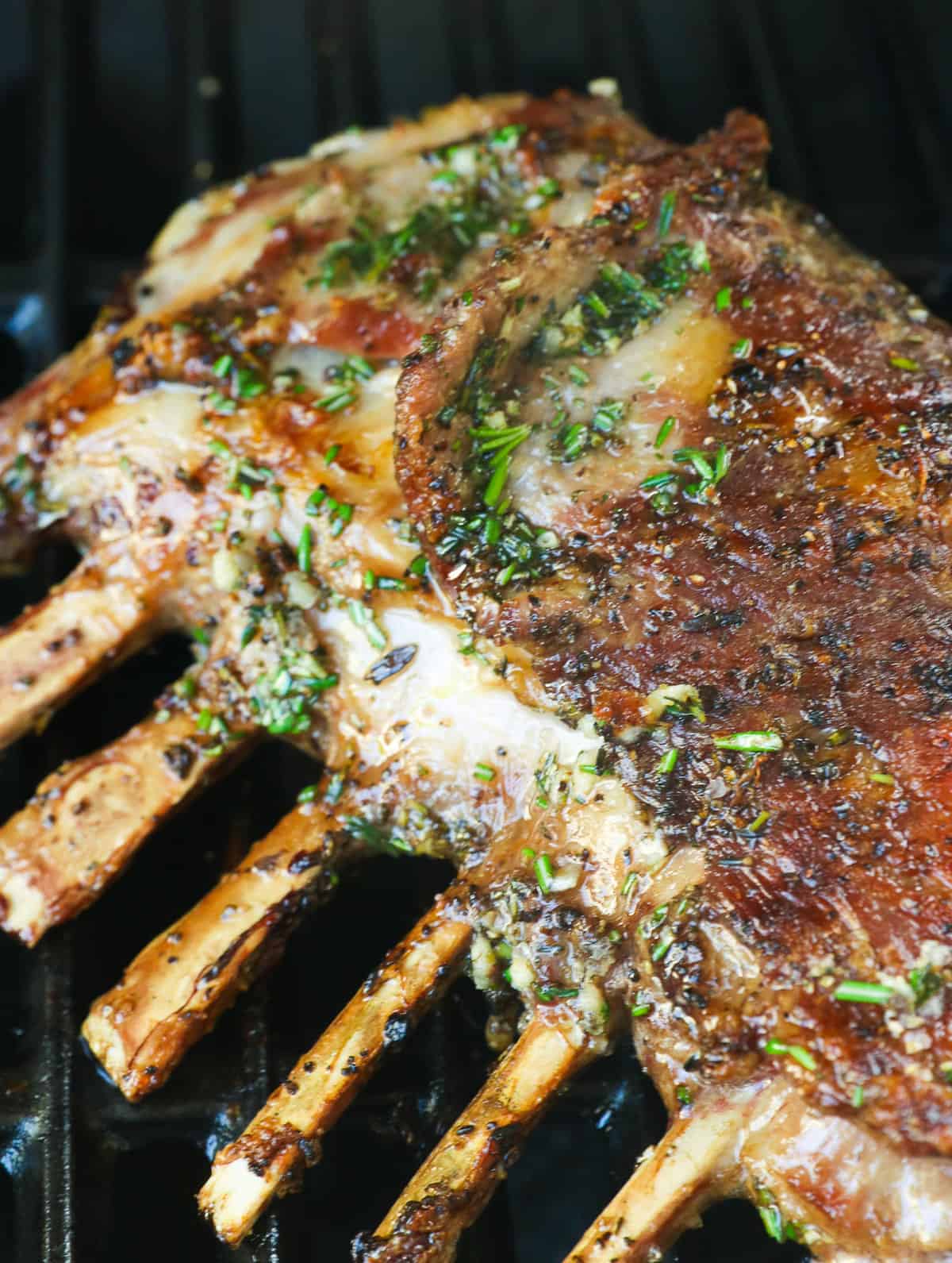 Rack of lamb ready to be taken off the grill