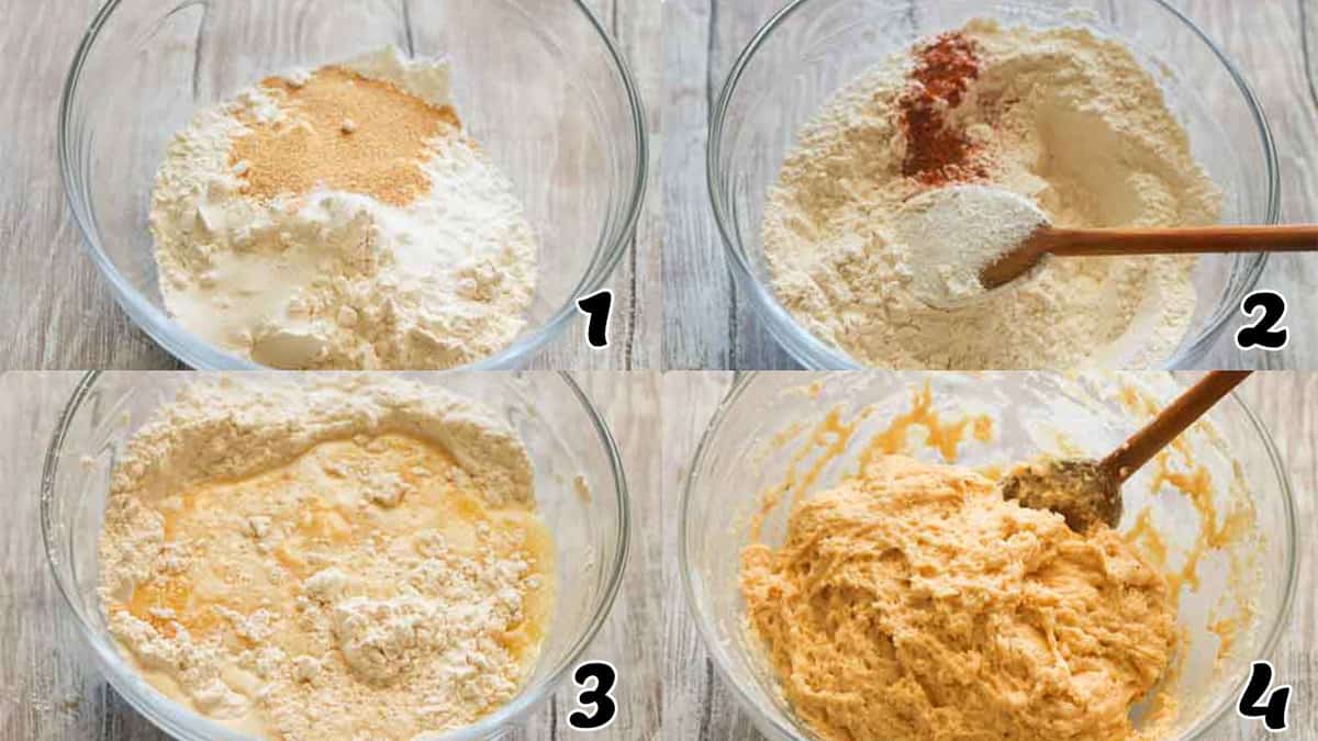 Mix the dry ingredients, the wet ingredients, then combine them for the dough