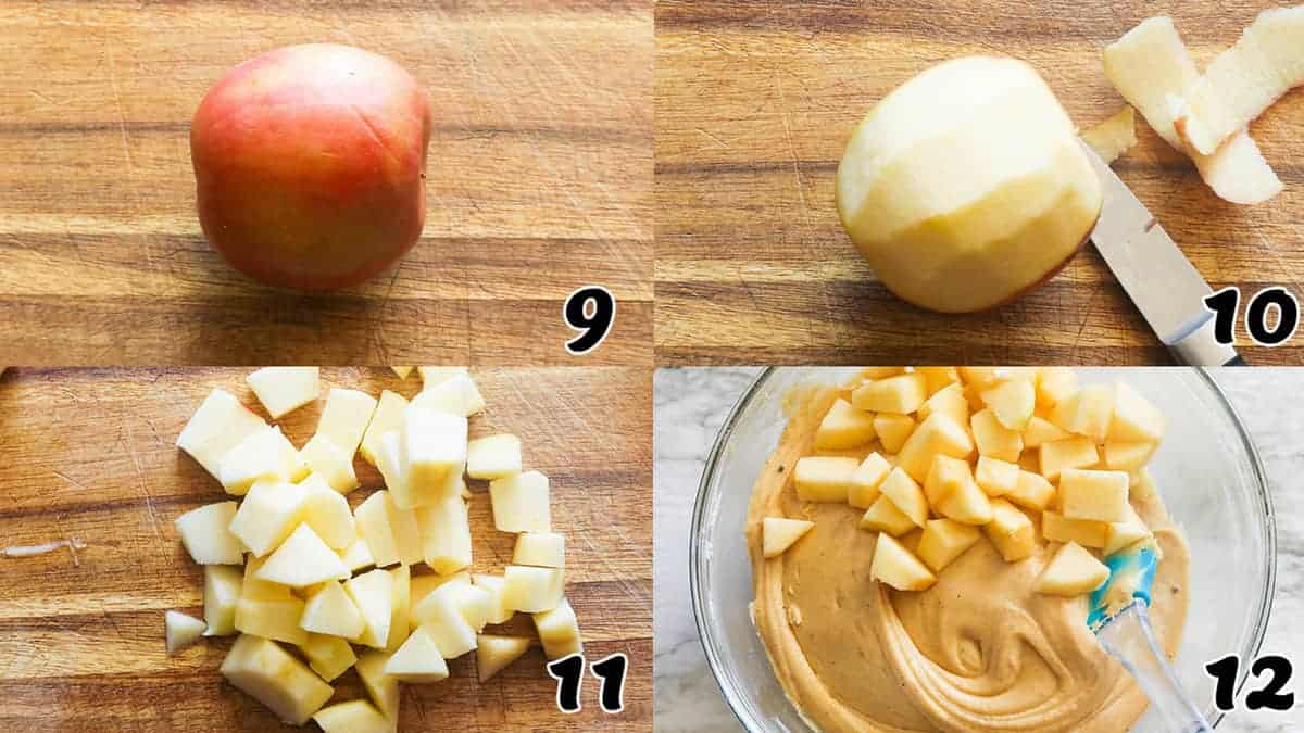 Peel and chop the apples and add them to the batter