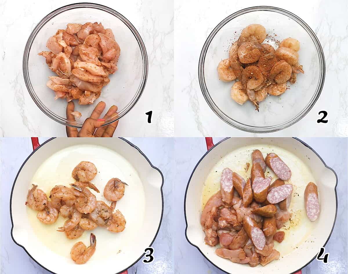 Season and saute the protein.