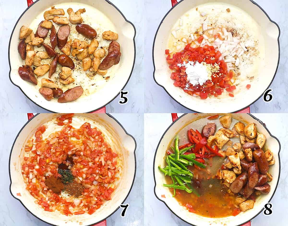 As soon as the sausage and chicken are browned, saute the aromatics, add the vegetables, and add the stock.