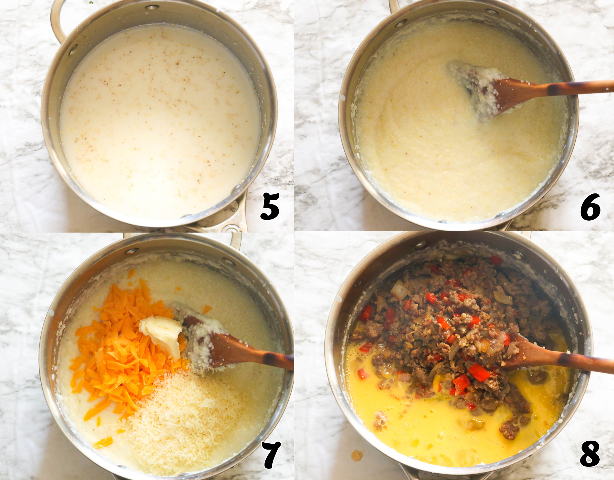 Cook the grits, add the cheese, then add the cooked meat