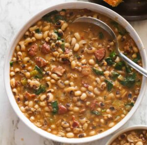 A soul-warming bowl of Southern Black-Eyed Peas with cornbread