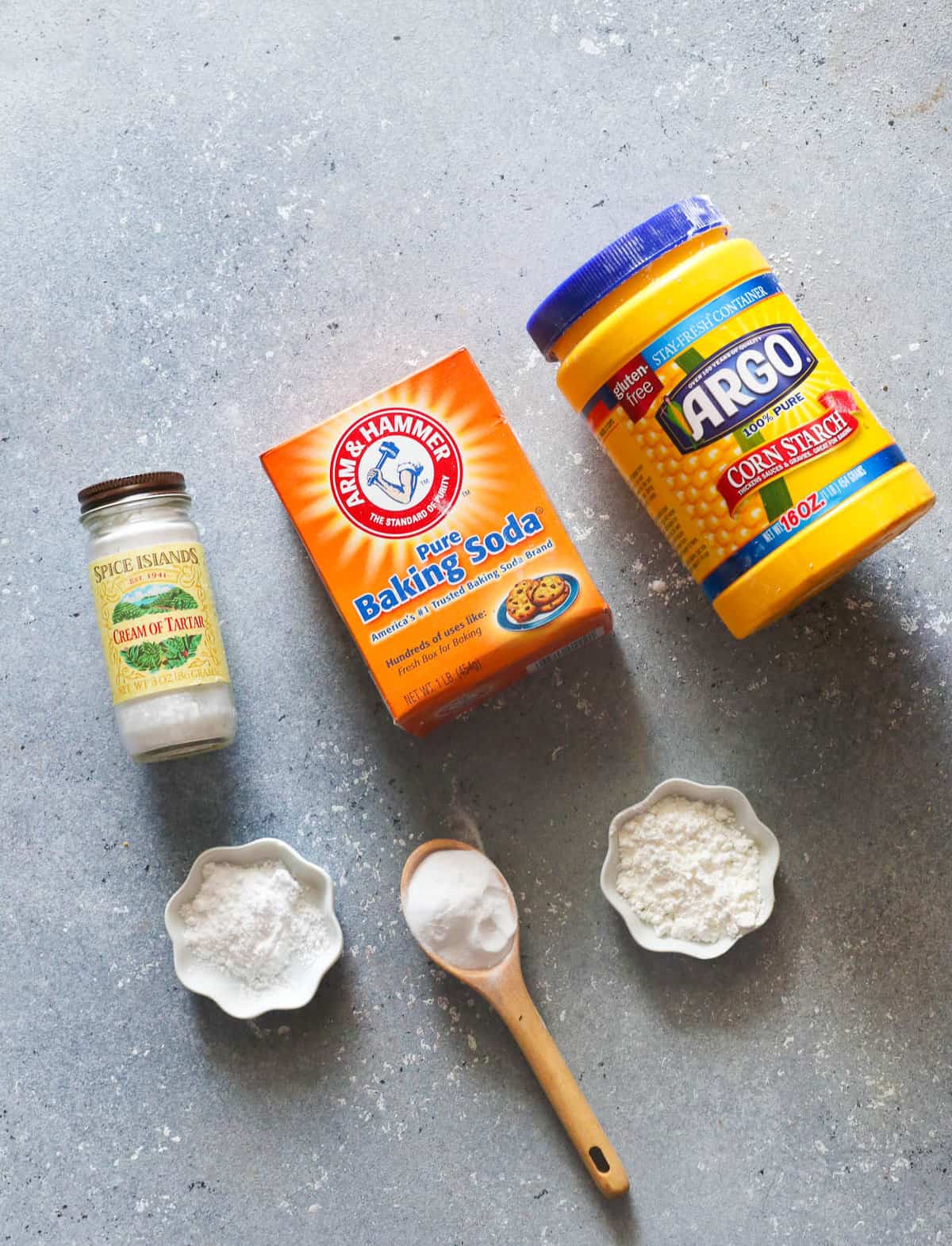 Baking soda, cream of tartar, and cornstarch for DIY baking powder