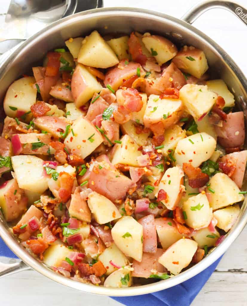 A pot of German Potato Salad ready to serve