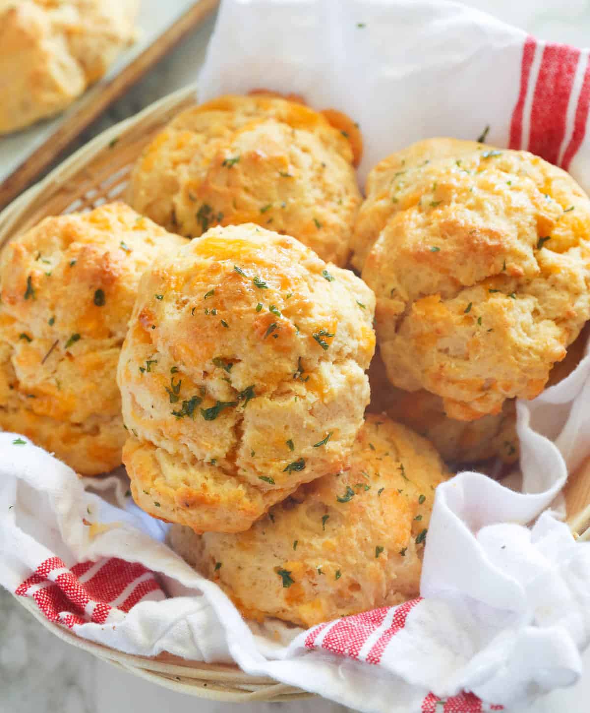 A basket of buttery soft imitation red lobster cheddar biscuits