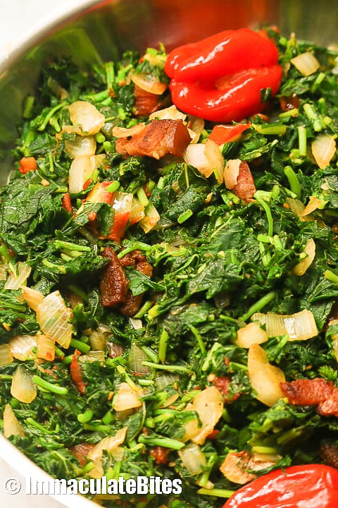 Tasty callallo greens with a scotch bonnet to spice it up