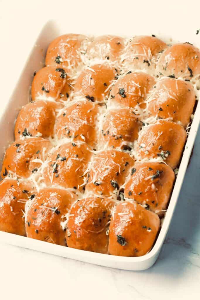 A freshly baked pan of pull apart garlic bread