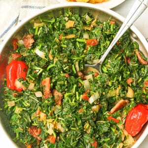 A bowl of freshly cooked callaloo ready to serve in a bowl