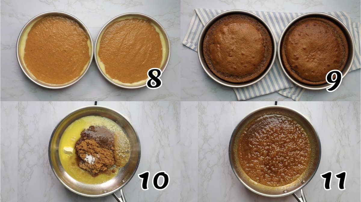 Divid the batter, bake, and start the caramel