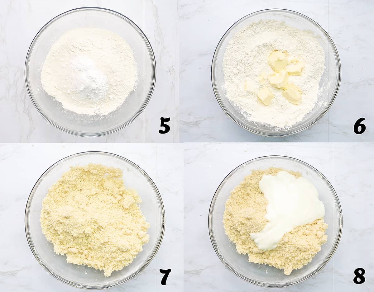 Mix biscuit topping ingredients and add butter and buttermilk