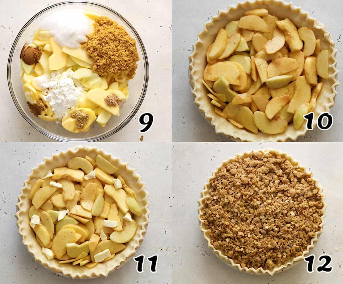 Make the filling, fill the pie crust, top it with the streusel, and bake