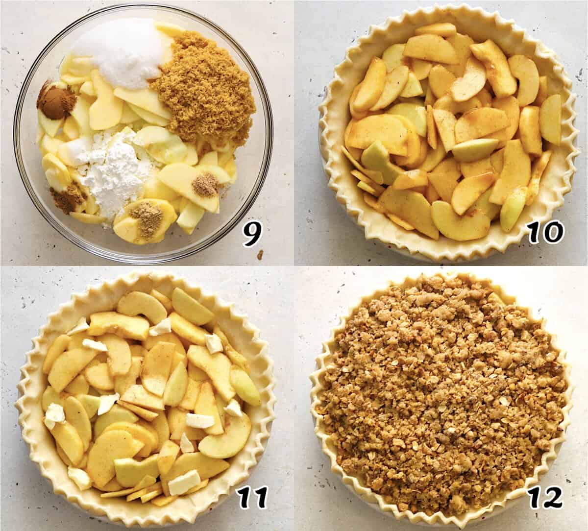 Mix the spices and fruit, assemble the pie, and bake.