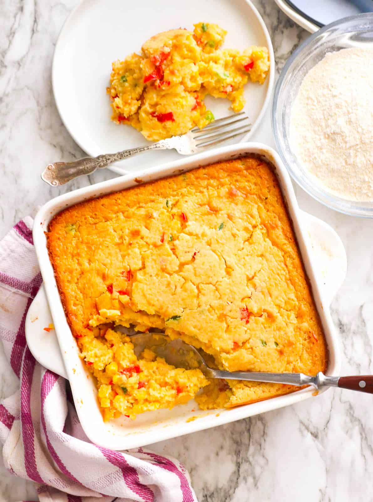 Jiffy corn casserole fresh from the oven for a great comfort food