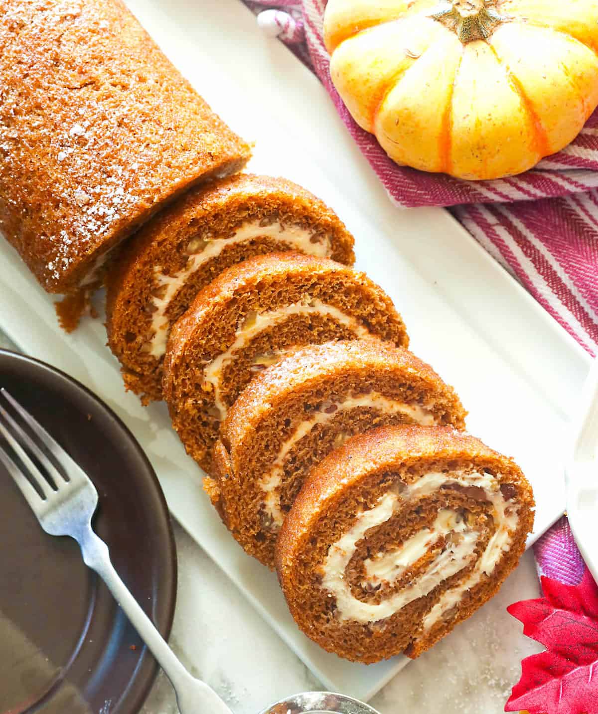 Sliced pumpkin roll ready to please your guests
