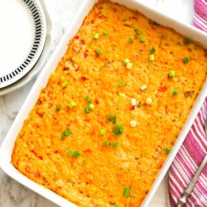 Fresh from the oven, grits casserole topped with green onions