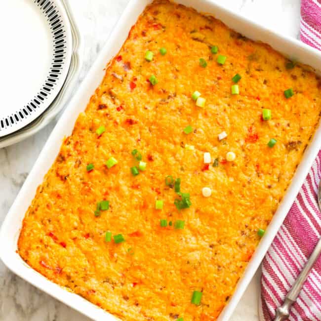 Fresh from the oven, grits casserole topped with green onions