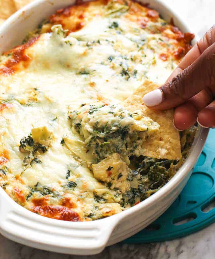 Enjoy Spinach Artichoke Dip on your appetizer tray for Super Bowl
