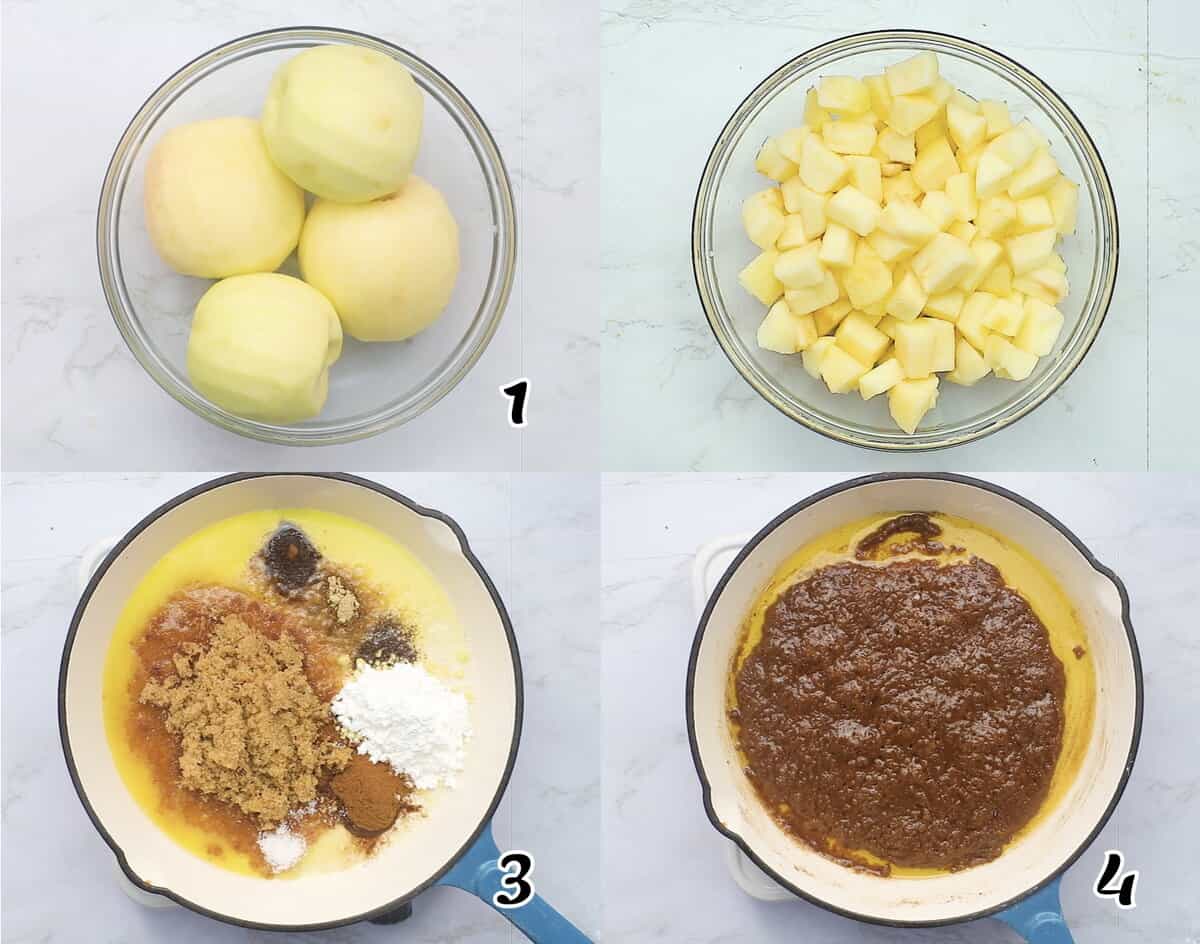 Prep the apples and melt the butter and sugar.