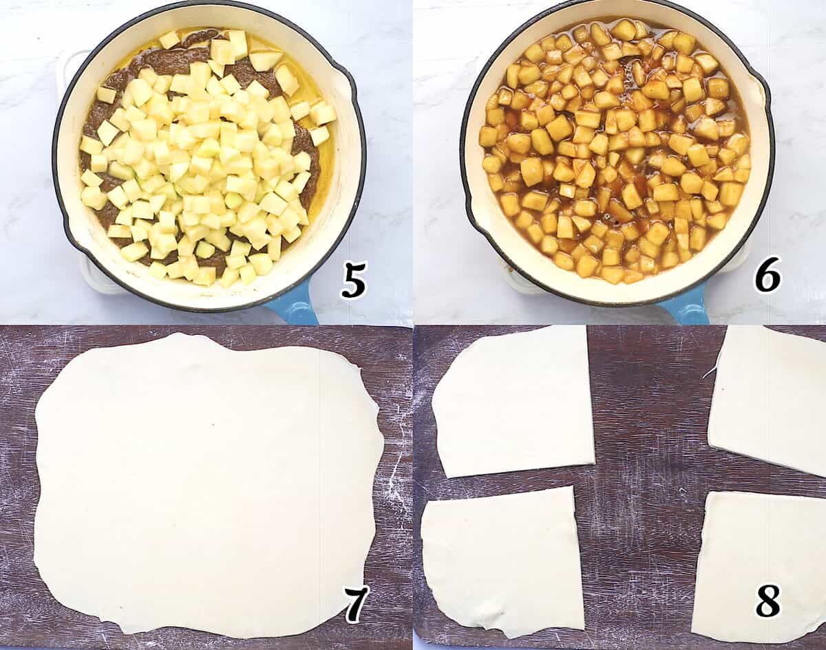 Finish the filling, roll out the pie crusts into squares, and cut each into four rectangles.