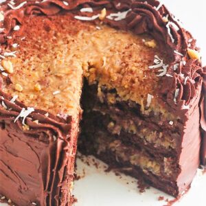 Slicing decadent German chocolate cake