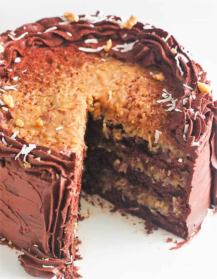 Slicing decadent German chocolate cake