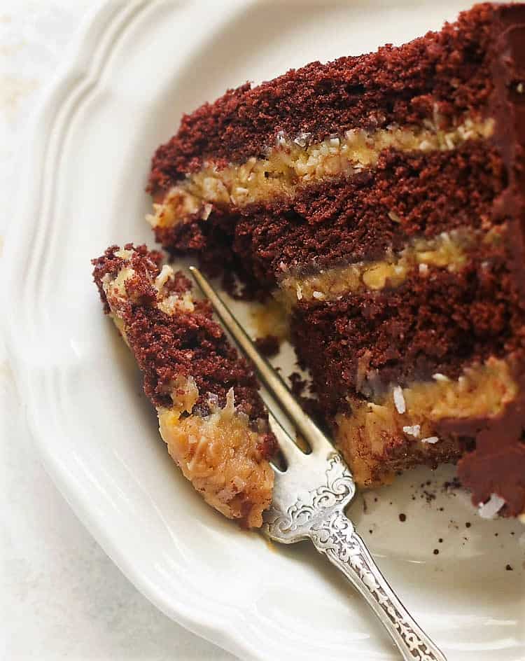 Taking a rich bite of ridiculously delicious German chocolate cake