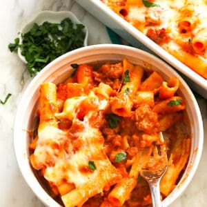 A bowl of insanely good baked ziti