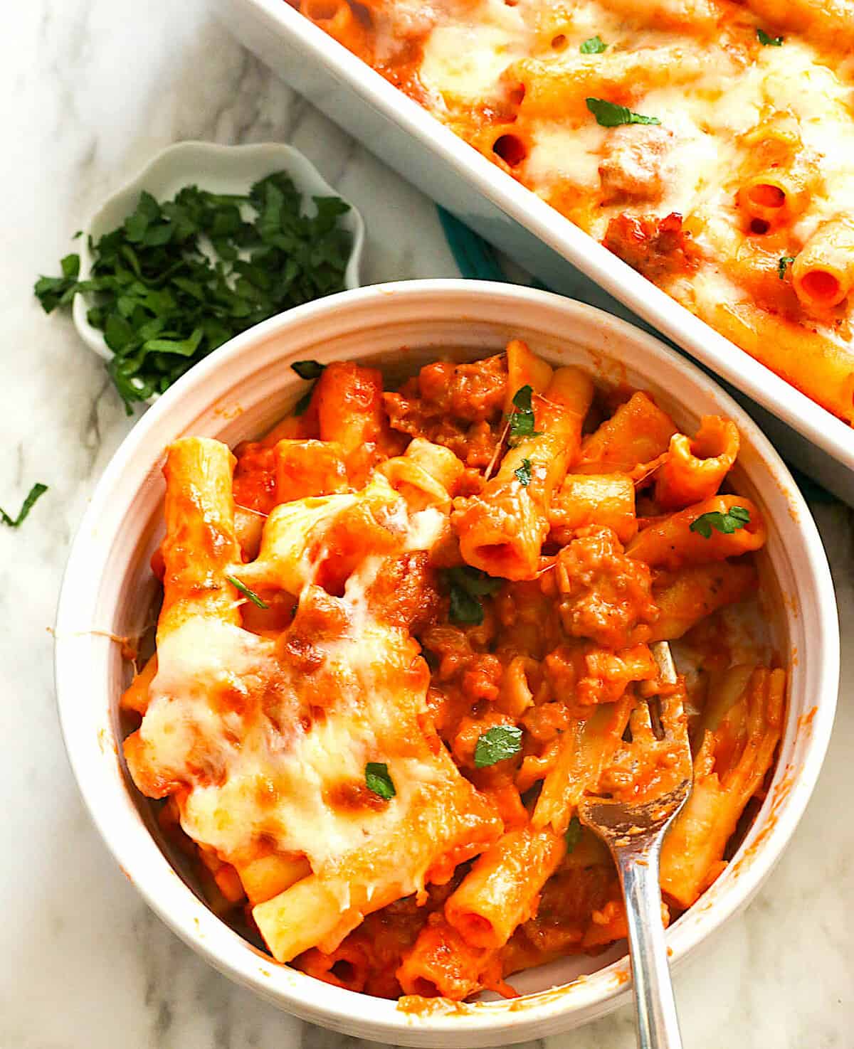 A bowl of insanely good baked ziti