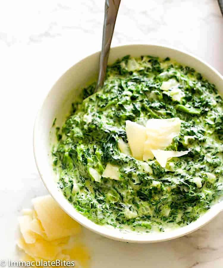 Tasty creamed spinach topped with parmesan cheese