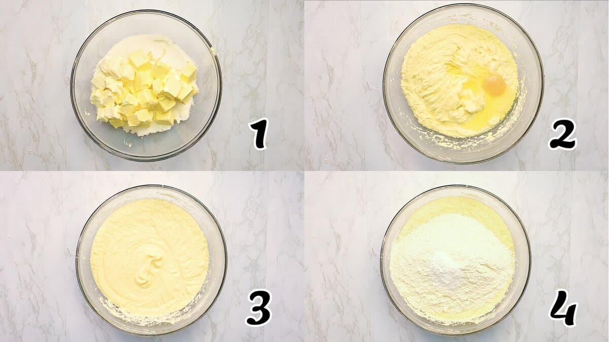 Cream the butter, cream cheese, and sugar, then add the dry ingredients