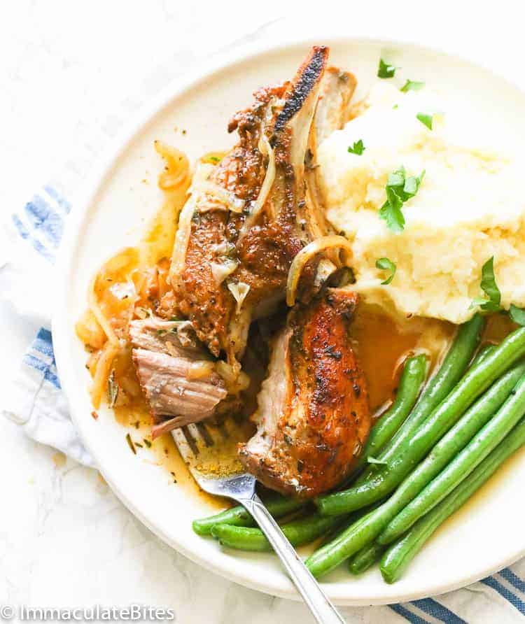 Enjoy country-style ribs with mashed potatoes and green beans