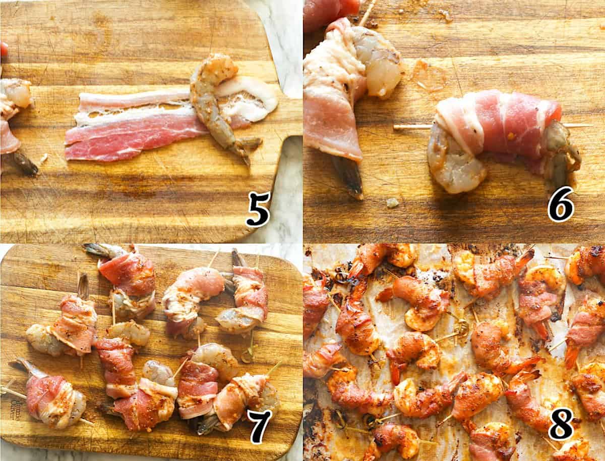 Enveloppez les crevettes avec du bacon et faites-les cuire