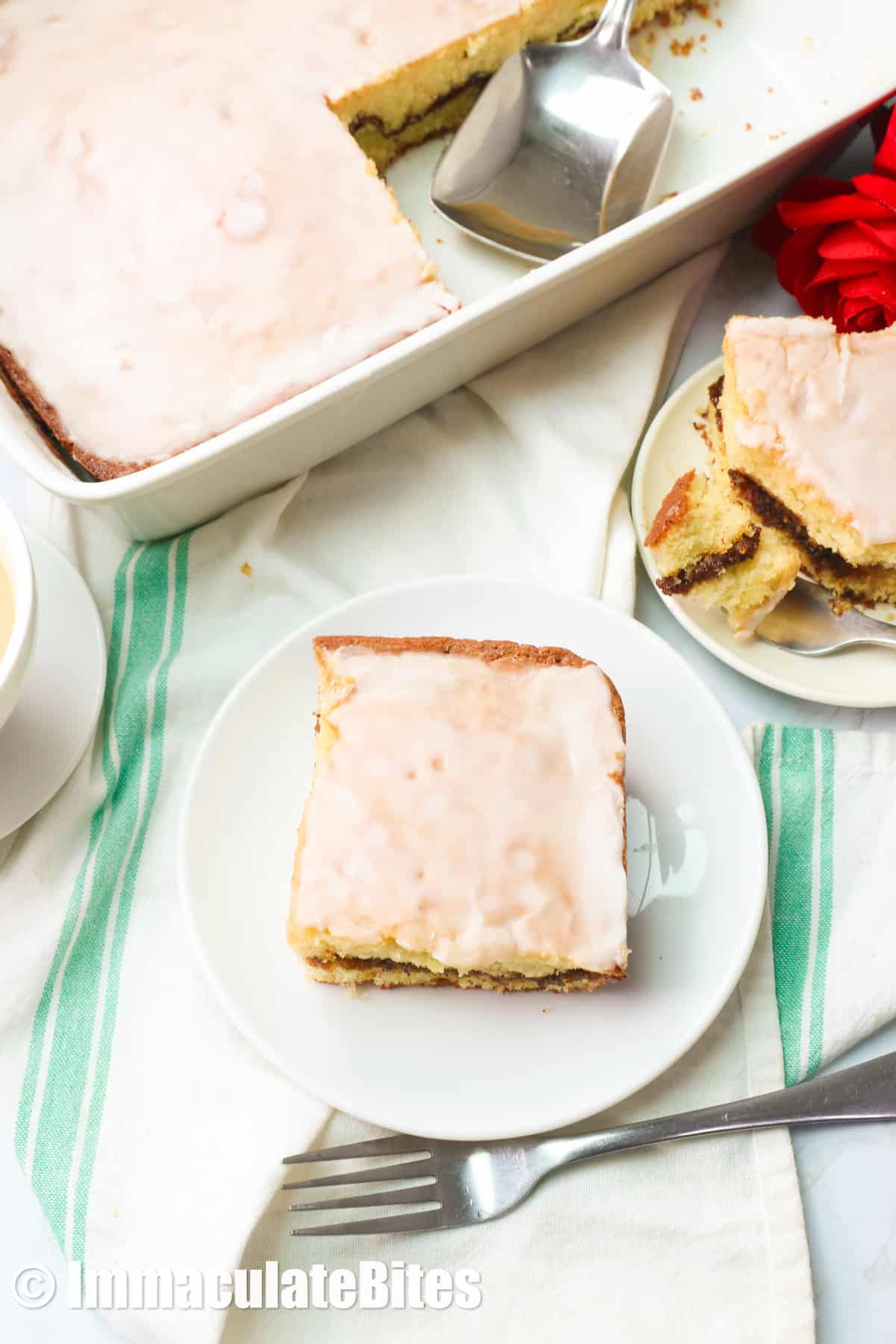 Enjoy a decadent slice of honey bun cake