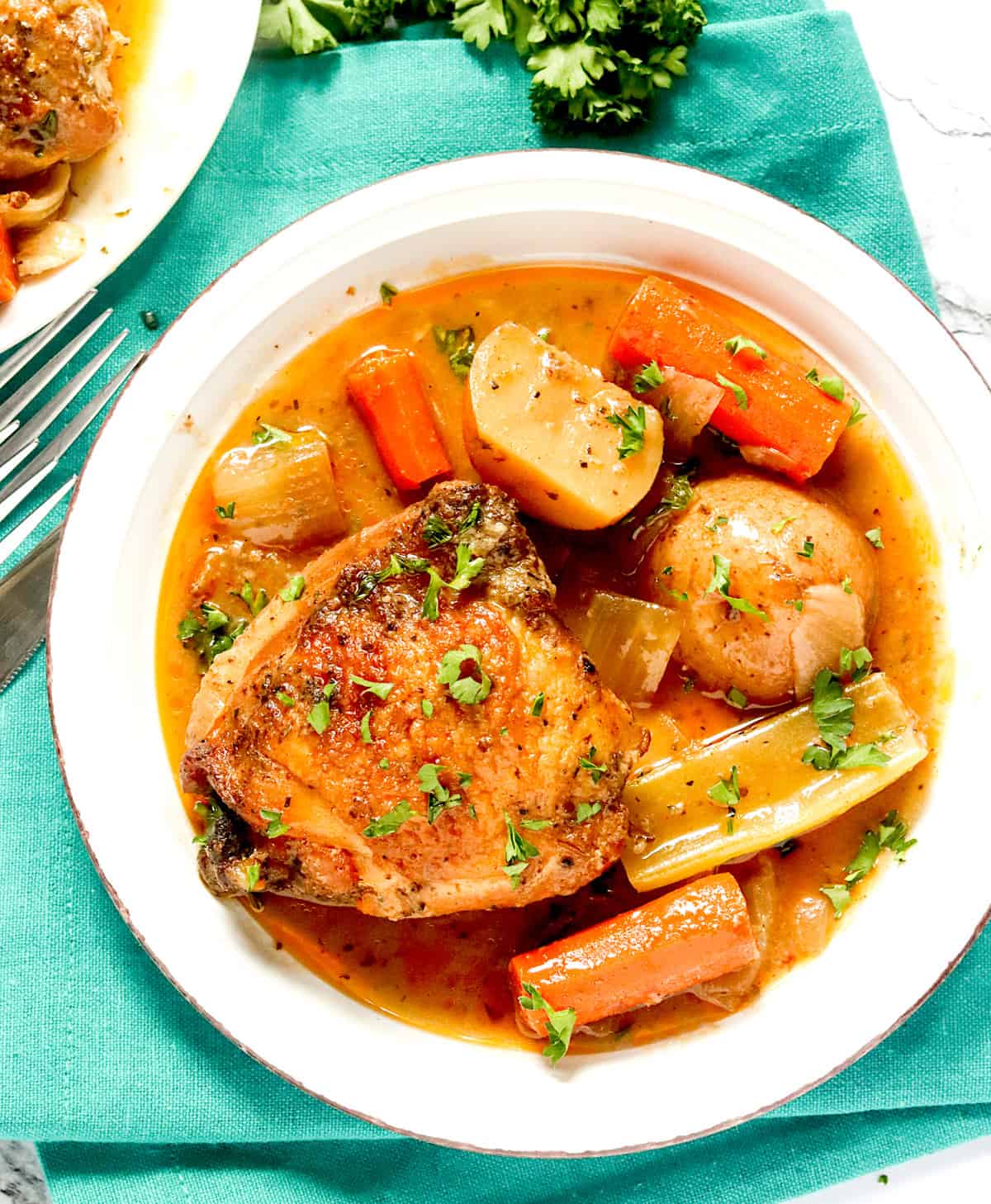 A bowlful of ridiculously delicious slow cooker chicken thighs