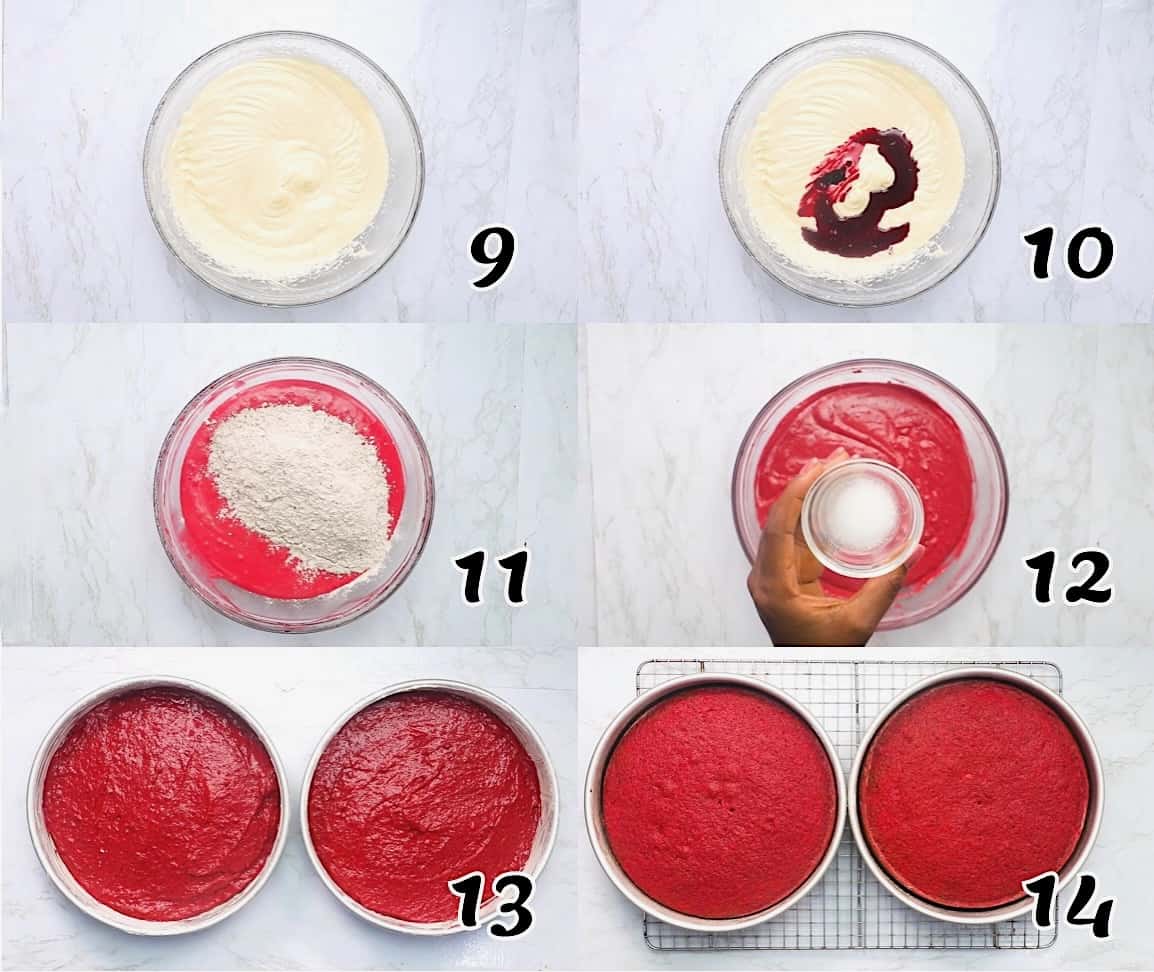 Add the red food coloring, pour it into the cake pans, and bake