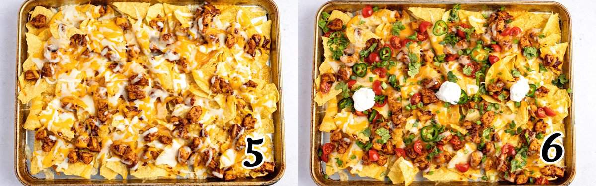 Layer tortilla chips, meat and cheese and bake, then top with your fave toppings