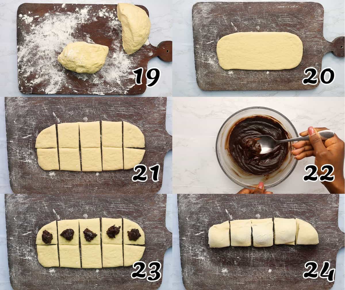 Étaler la pâte, découper les formes de beignet, ajouter la garniture au chocolat.