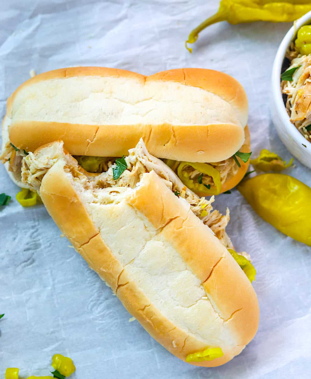 Mississippi chicken on deliciously soft sandwich rolls