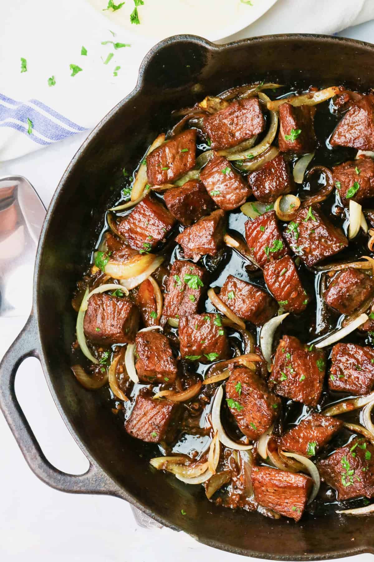 Insanely delicious steak tips ready to serve