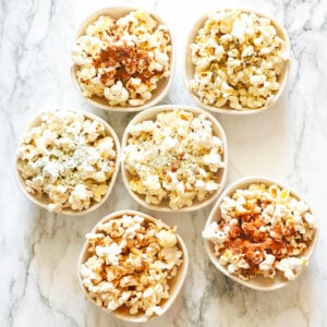 Six different popcorn seasonings, sweet and savory