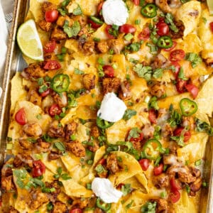 Love Chicken Nachos fresh from the oven with melty cheese