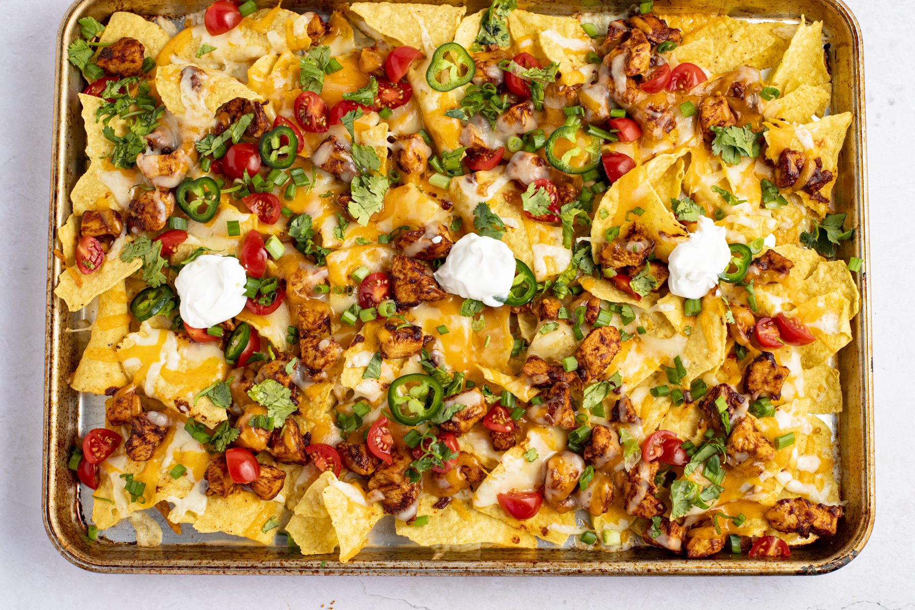 Delicious chicken nachos fresh from the oven