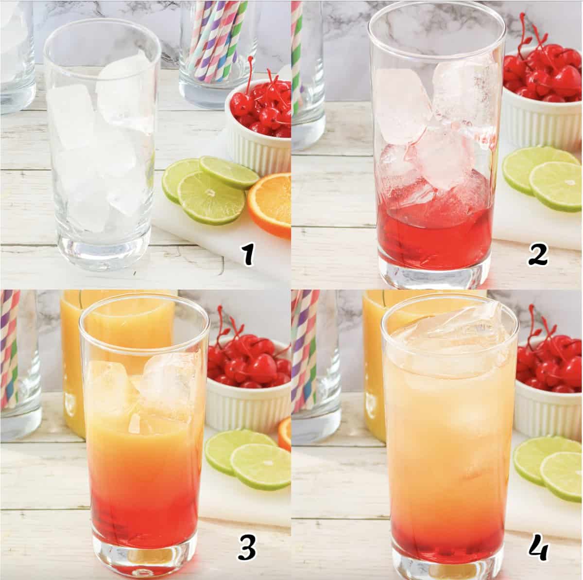 First, the ice, then grenadine, orange juice, and last, lemon-lime soda.