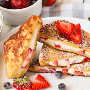 A decadent stack of stuffed French toast