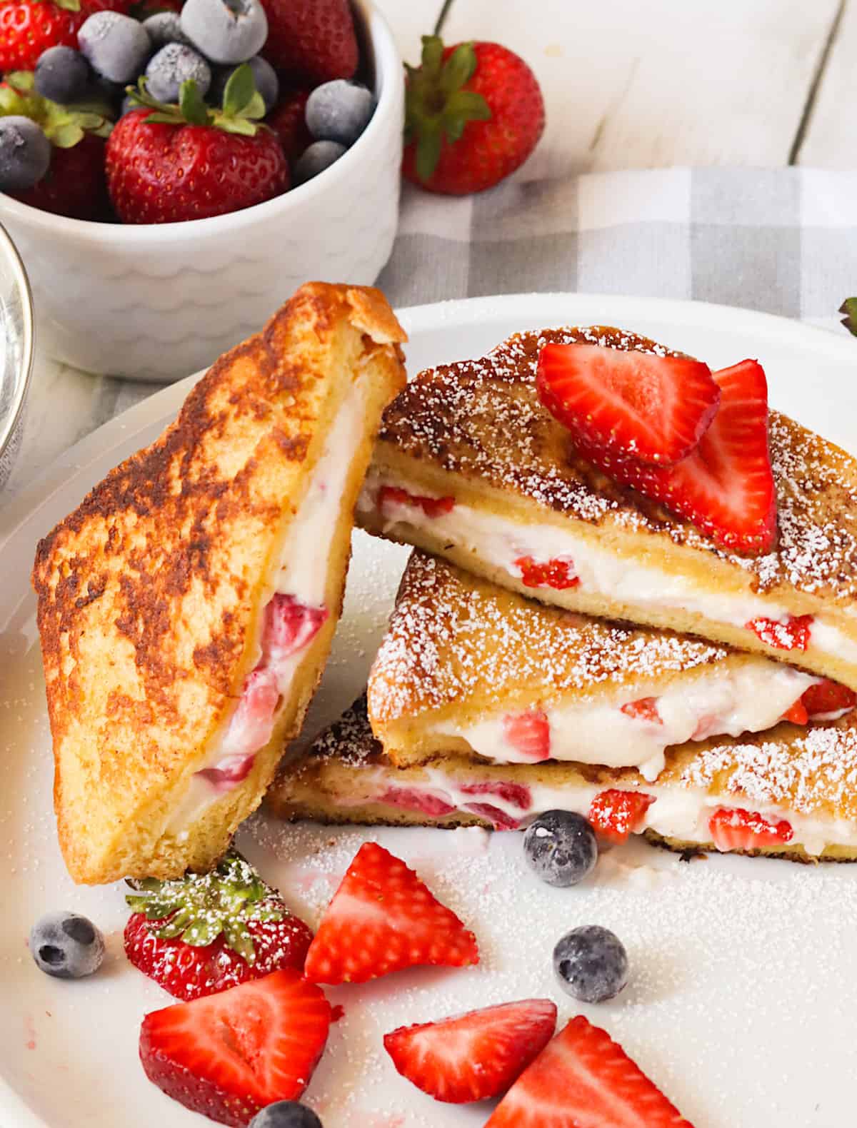 A decadent stack of stuffed French toast
